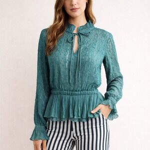 Ryegrass Blouse Women Medium Green Split Tie Neck Long Sleeve Peplum